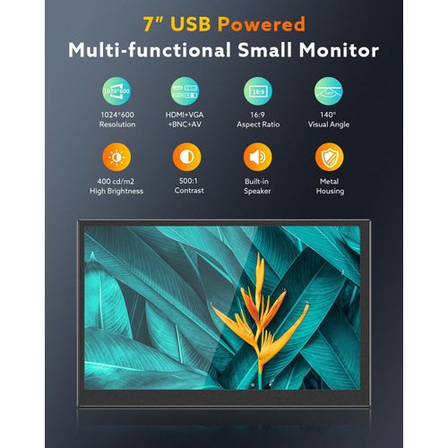 Eyoyo 7 inch Small Mini Monitor 1024x600 Resolution Car Rear View TFT LCD Screen Display with HDMI/VGA/AV Video Input for PC DVD DVR CCD 140 Degree Wi