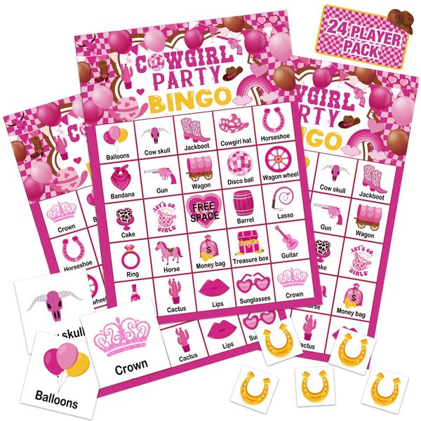 Liliful 35 Pcs Cowgirl Party Bingo Game 24 Players Western Cowgirl Bingo Cards Let's Go Girls Party Games for Girls Adults Family Gathering Pink Disco Cowgirl Bachelorette Party Supplies