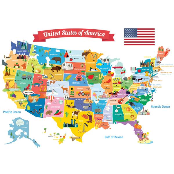 DECOWALL SG-1906 USA Map Kids Wall Stickers Wall Decals Peel and Stick Removable Wall Stickers for Kids Nursery Bedroom Living Room décor