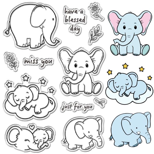 craspire Elefant Klare Stempel Blumen Worte Stern Tier Wiederverwendbare Hintergrund Poststempel Transparente Silikonstempel für Journaling Kartengestaltung Dekor DIY Scrapbooking Zubehör Filmrahmen