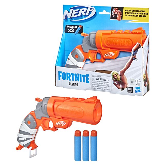 Hasbro Nerf Fortnite Flare Flare Flare Break Open Dart Blaster with 3 Official Mega Darts with Whistle Sound When Launched, Priming Handle, Authentic Product for Boys