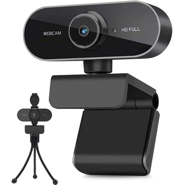 Webcam with Microphone and Tripod for PC, Desktop, Laptop, Plug and Play USB Web Camera with Privacy Cover, 1080P Full HD Webcam for Conference, Studying, Zoom, Skype, Compatible Windows, Mac Android