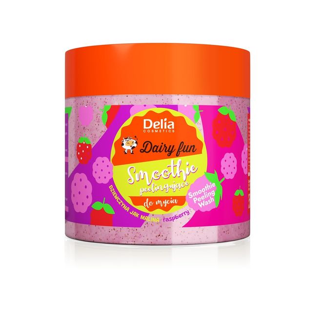 Delia Cosmetics - Dairy Fun - Glättendes Körperpeeling - Reinigt, Erfrischt, Peelt, Glättet - Feuchtigkeit, Strafft, Regeneriert - Intensiver Duft nach von Himbeeren - Natürliche Extrakte - 350g