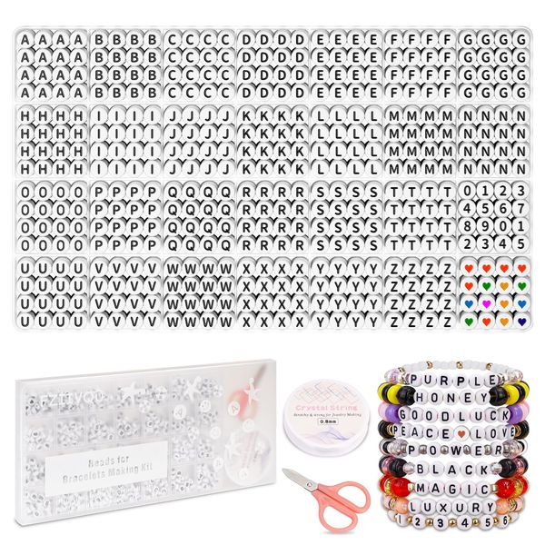 FZIIVQU 1450 Pieces Letter Beads Kit, 4x7 mm White Acrylic Alphabet Beads Letter Beads for Jewelry Making Number Beads Heart Beads Friendship Bracelet Beads Making