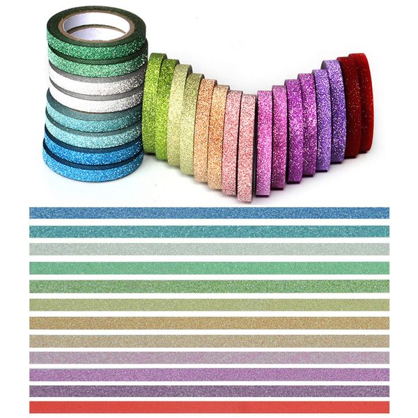 YUKUNTANG Skinny Glitter Paper Washi Tape Set 24 Rolls 12 Color Masking Tape for DIY Crafts Book Designs