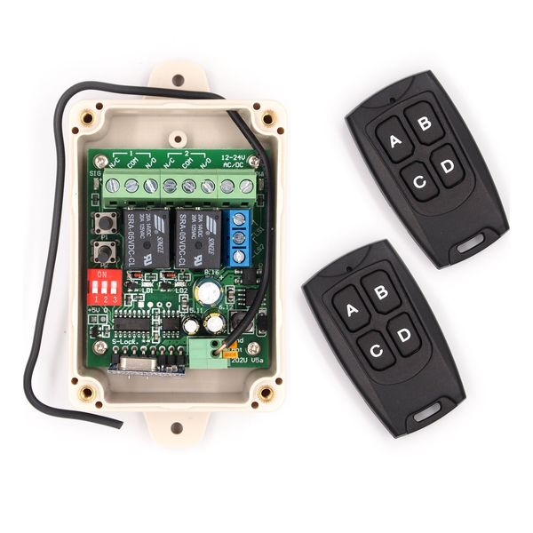 Solidremote 12V - 24V Secure Wireless RF Remote Control Relay Switch Universal 2-Channel Receiver with 2 Transmitters for Garage Door Openers, LED Lights etc (KIT-1)