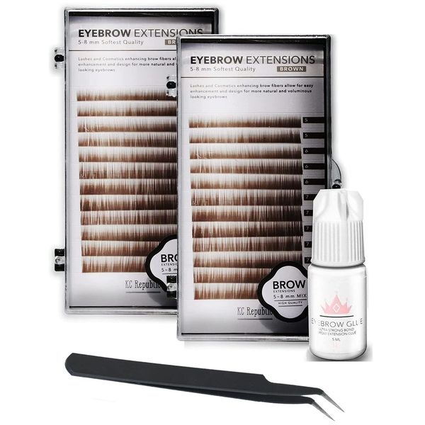 Eyebrow Extensions Kit, 2 Trays, Brown 2-Pack, Black Tweezer with Glue Clear