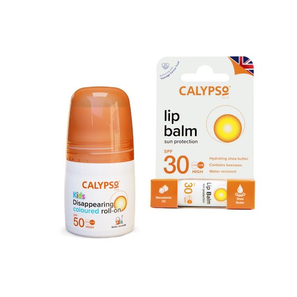 Calypso Sun Protection Twin Pack for Adults & Kids: SPF 50 Roll On Sunscreen & SPF 30 Lip Balm - Travel-Friendly Suncare Essentials