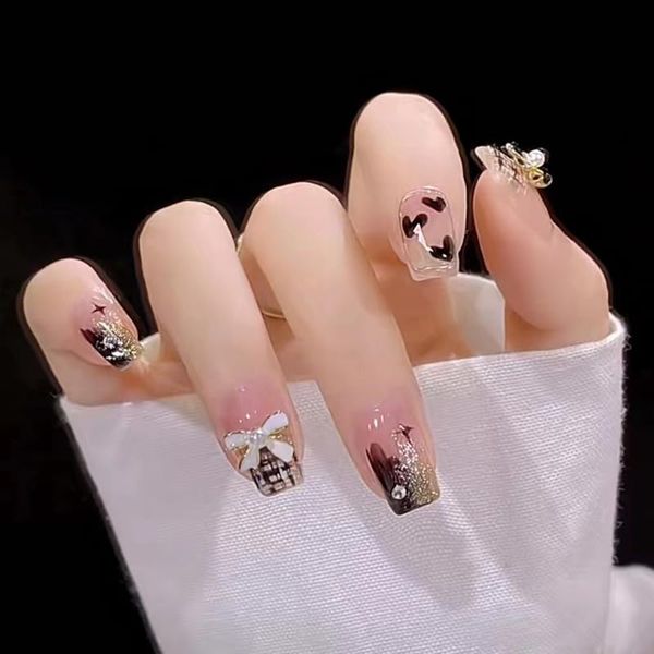 AAGWW Nail Tips, Very Short, Long, Coming-of-Age Ceremony Mat, False Nails, Cute, Beautiful Supplies, Workshop, Glue Design (Color: Platinum Butterfly, Product Contents: 24 Nail Art + Glue)