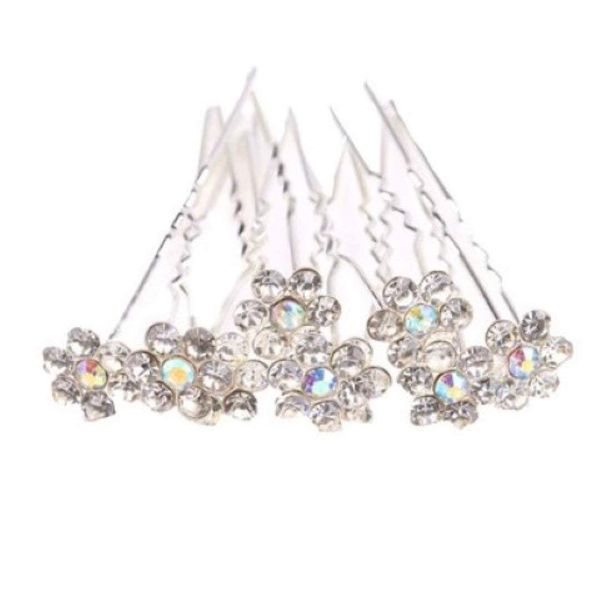 LondonProm 6* Flower pins Diamante Stone Hair PINS Diamante Crystal Bridal Hair (Silver White)