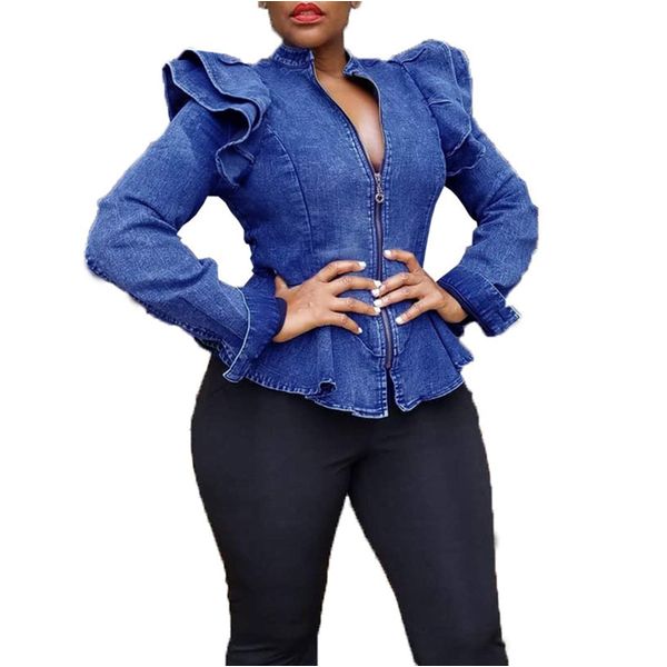 ECHOINE Women Casual Denim Jacket - Long Sleeve Zipper Ruffle Shoulder Jean Jackets Peplum Coat Plus Size Blue L