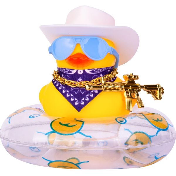 MuMyer Cowboy Duck Car Dashboard Decoration Swim Ring Car Rubber Duck Decoration Accessories with Mini Swim Ring Cowboy Hat Scarf Necklace and Sunglasses(D1-1 Bs-Blue&W)