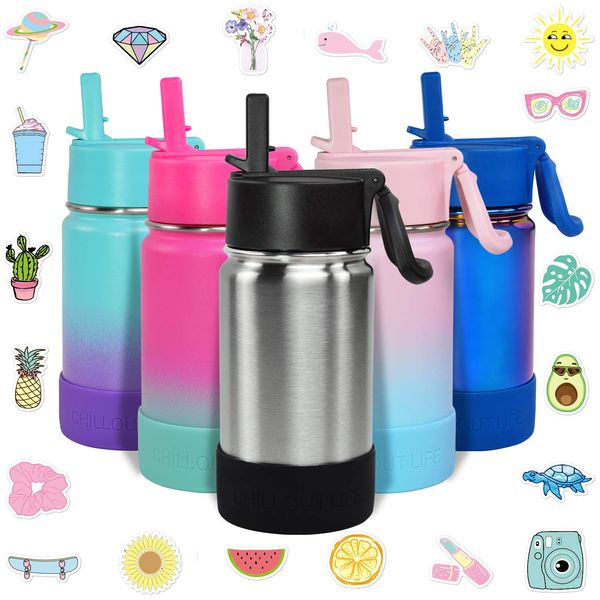 CHILLOUT LIFE 12 oz Insulated Water Bottle with Straw Lid for Kids and Adult + 20 Funny Waterproof Stickers - Perfect for Personalizing Your Kids Metal Water Bottle