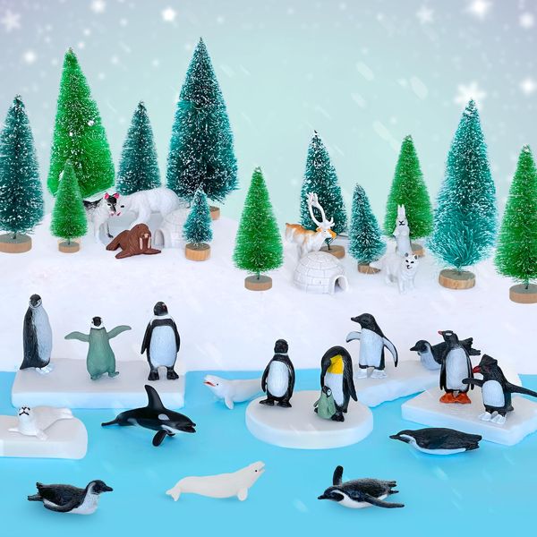 45 Pcs Arctic Animals Figurines Set Includes 21 Polar Animals Figurines Penguin Bear Whale16 Mini Christmas Tree Ornaments 5 Blue Tissue Paper 2 Foam Boards 1 Fake Snow Blanket for Xmas Birthday Gift