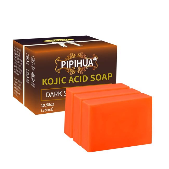 PIPIHUA 3Pack Kojic Acid Soap for hyperpigmentation Soap Bars for Acne with Collagen, Turmeric, Retinol, Collagen, Hyaluronic Acid 10.58oz (3 Bars)