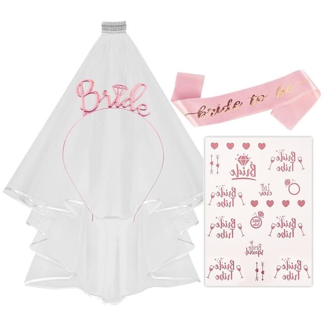 Junggesellenabschied Frauen Bride to be Jga Accessoires mit Schleier Schärpe Tattoo Haarreif Braut Team Bride Bachelorette Party Accessories Poltern Frauen Braut Jga Set Kostüm Krone Brautschleier