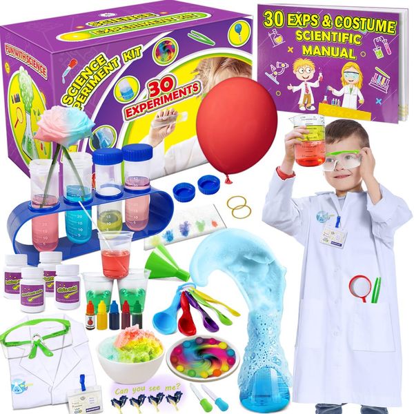 UNGLINGA 30 Experiments Science Kit for Kids with Lab Coat, Chemistry Set STEM Toys Birthday Gifts for Boys Girls, Scientist Costume Role Play Tools Educational Learning Set