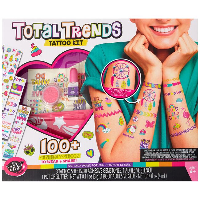 Angel Acade-Me by Anker Play Products, Total Trends Tattoo Kit - Easy Adhesive Stylish Temporary Tattoos - 100+ Stylish Tattoos Included + Glitter, Adhesive Glue, Cosmetic Brush & Gemstones