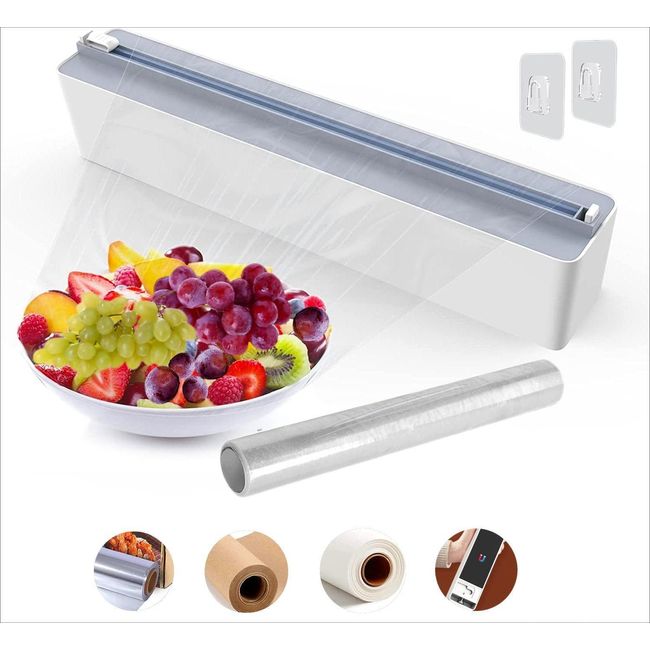 Magnetic Plastic Wrap Dispenser with Cutter - Quasziwa Upgrade Practical Refillable Cling Wrap Aluminum Tin Foil Organizer for Drawer, Include an Extra Roll of 12"X 164' Food Cling Film - Grey