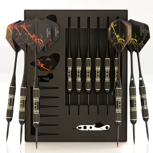 CC-EXQUISITE Professional Steel Tip Darts Set - 6 x 22g Brass Barrels with 12 Flights Standard/Slim, 12 Aluminum Shafts 35/48mm, 12 O-Rings, Dart Tool, Dart Sharpener and Case (Black & Gold)