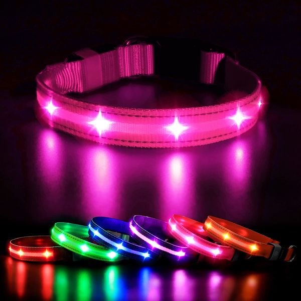 MASBRILL Led Dog Collar-Rechargeable Light Up Dog Collars Water-Resistant Lighted Dog Collar Flashing Glowing Dog Collar Night Safety Adjustable Illuminated Collar for Dogs (M, Pink)