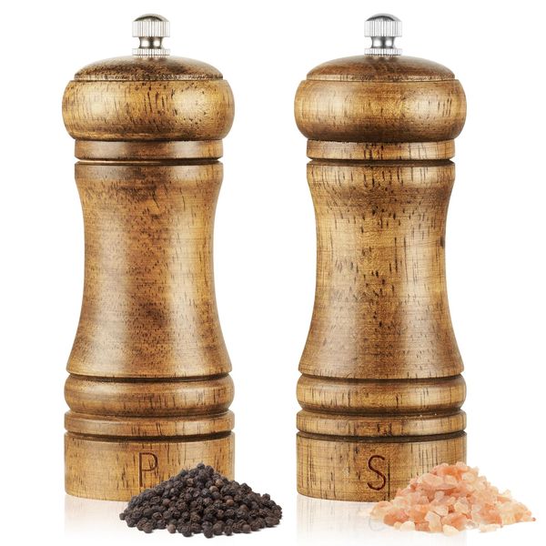 Vicloon Salt and Pepper Mills Set, 2PCS Wooden Pepper Grinder with Brush, Shakers with Ceramic Core, Salt and Pepper Grinder Set with Adjustable Non-Corrosive Ceramic Grinder for Pepper, Spices