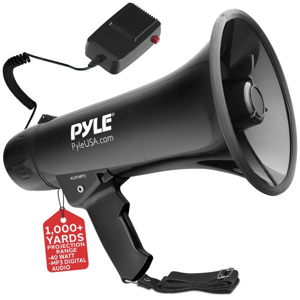 Pyle Portable Megaphone Speaker PA Bullhorn - Built-in Siren, 40W Adjustable Vol Control & 1000 Yard Range, Ideal for Any Outdoor Sports, Cheerleading Fans Coaches & Safety Drills, Black - PMP43IN