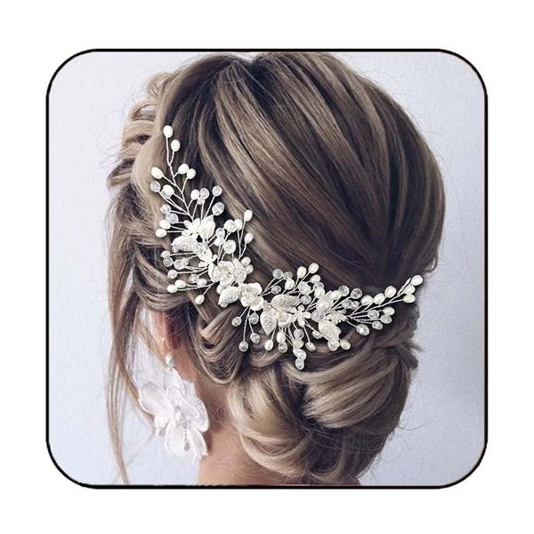 Easedaily Bride Wedding Hair Vine Silver Flower Leaf Bridal Headpieces Pearl Hair Accessories for Women and Girls