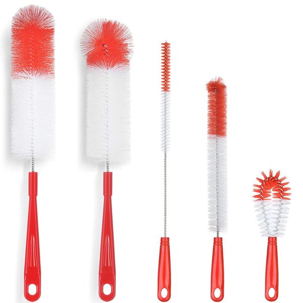 ALINK 5-Pack Red Bottle Brush Cleaner Set - Long Large Cleaing Brush for Narrow Neck Wine/Beer Bottles, Hydro Flask, Thermos, Hummingbird Feeder, S’Well, Water Bottles, Spout/Lid Brush, Straw Brush