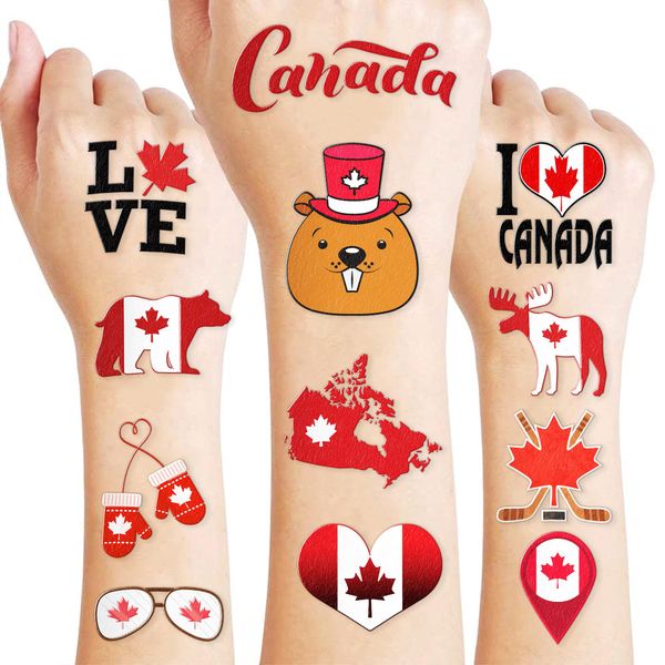 Canada Temporary Tattoos Sticker for Kids Birthday Party Supplies Decorations Party Favors 100PCS Tattoo Maple Syrup Canadian flag Canada Travel Themed Cute Kids Boy Gifts Ideal School Prizes Rewards