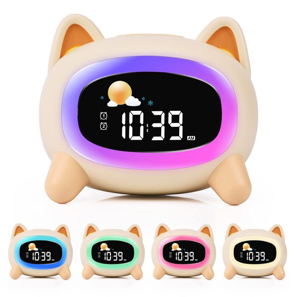 U-picks Kids Alarm Clock,Kids Clock with Wake Up Light Toddler Sleep Training Clock,Colorful Display Alarm Clocks Bedside with Night Light,Dual Alarm,Sleep Sound Machine,Digital Clock for Boy Girl-Dog