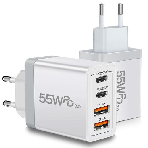 European USB C Charger 2 Pack, 55W European Travel Plug Adapter 4-Port Fast Charger Type C Wall Charger USA to Europe Plug Adaptor for iPhone 16 15 14 13 12 11 Pro Max XS X 8, Galaxy, Android