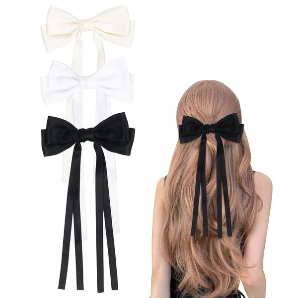 3Pcs Bow Hair Clips Hair Ribbons, Black Hair Bows for Women Girls, Satin Ribbon Hair Bow Clips with Long Tail(Black, White, Beige)