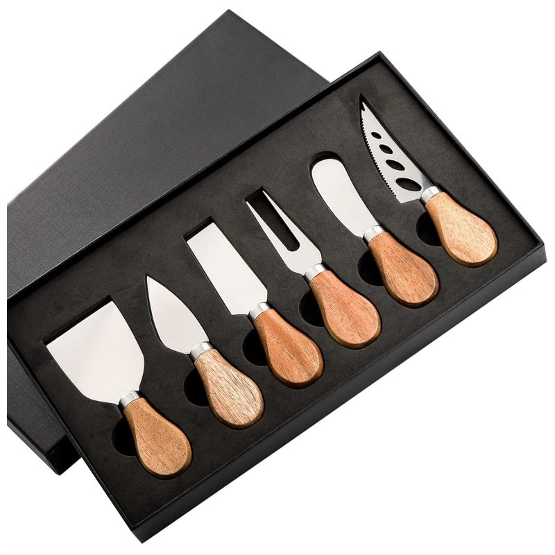 6 Piece Cheese Knife Set with Acacia Wood Handle Stainless Steel Cheese ...