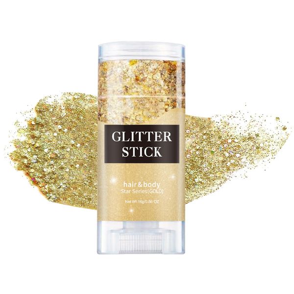 QIUFSSE Gold Body Face Glitter Stick Body Hair Glitter Makeup for Women,Long-Lasting Holographic Mermaid Glitter Gel for Singer Concert Rave Body Glitter Makeup