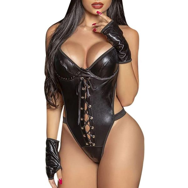 MONEON Bondage Faux Leather High Leg Sexy Lingerie, Leotard, Cosplay Costume, Includes Gloves, 2 Piece Set, Black