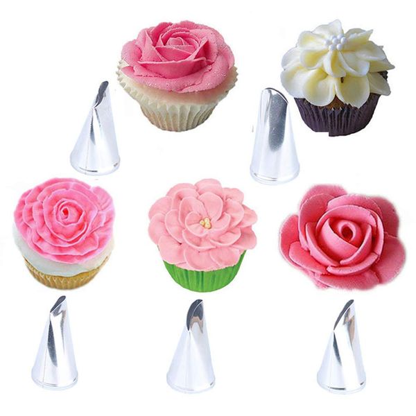 5Pcs Flower Piping Nozzles Set, Rose Petal Piping Tips, Stainless Steel Piping Nozzles Kit for DIY Cupcakes Dessert, Icing Frosting Tips Baking Tools(Silver)