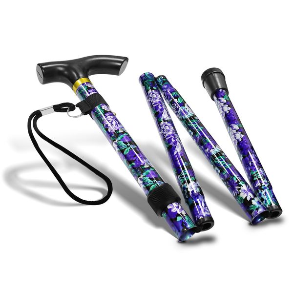 RE-GEN Folding Lightweight Aluminium Adjustable Floral Design Collapsible Foldable Walking Stick Cane Mobility Aid