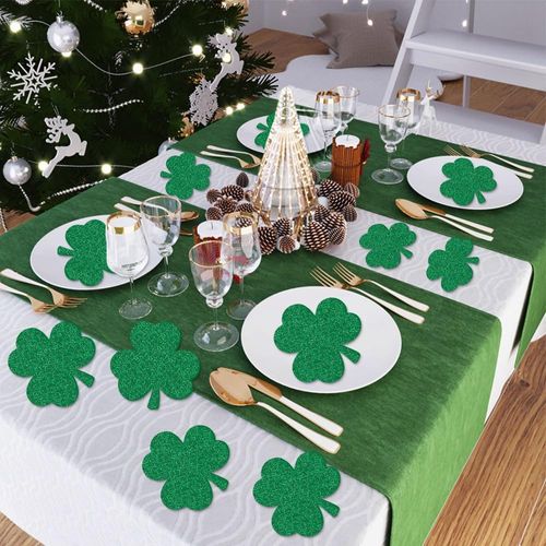 12 PCS St. Patrick's Day Coaster Glitter Green Shamrock Drink Coasters Absorbent Lucky Clover Tea Cup Mats Coffee Coasters for Mugs Cups Irish Party Home Office Table Decoration Tablewares Supplies