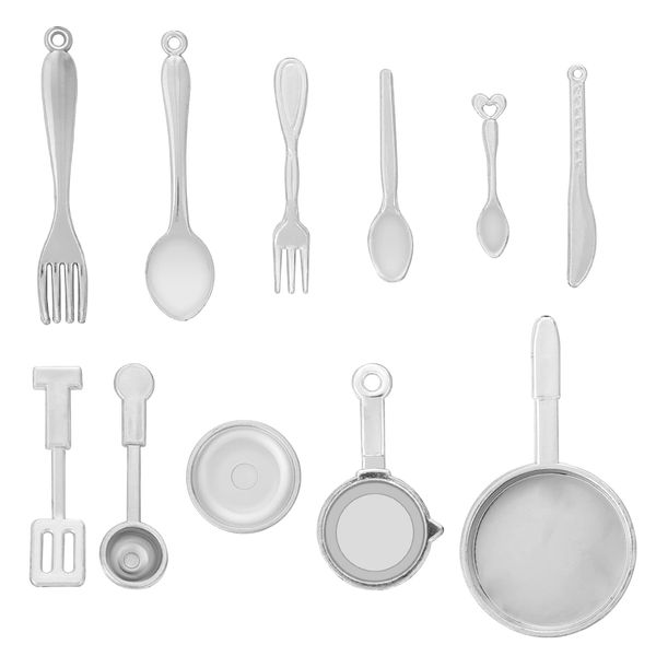 Cobee Miniature Dollhouse Kitchen Cookware Set, 11 Pieces Mini Dolls House Pots and Pans 1:12 Kitchenware Model Dollhouse Kitchen Accessories Decoration for Pretend Play Party Supplies(Silver)