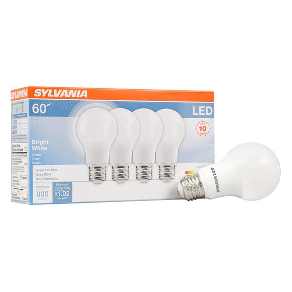 SYLVANIA LED Light Bulb, 60W Equivalent A19, Efficient 8.5W, Medium Base, Frosted Finish, 800 Lumens, Bright White - 4 Pack (79704)