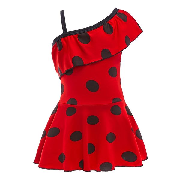 Lito Angels Ladybug Red Polka Dot Swimming Costume with Skirt One Piece Swimsuit Swimwear One Shoulder Swim Dress Bathing Suit for Kids Girls, Age 8-9 Years (Tag Number 140)