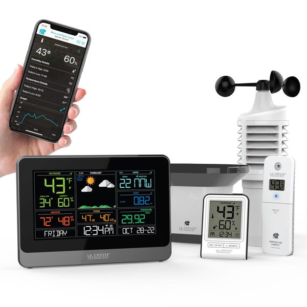 La Crosse Technology Smart Wi-Fi Weather Station with Humidity, Wind Speed, Rainfall, and Temperature - Monitors Indoor & Outdoor Conditions with Custom Alerts from Long Range (400 Feet)