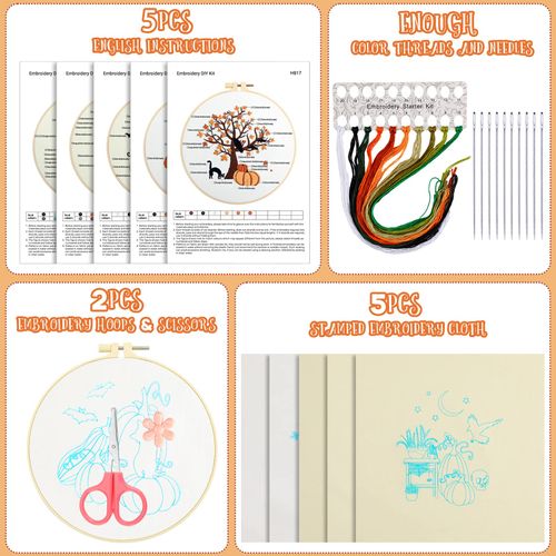 Yuxung 5 Sets Embroidery Kit for Beginners Adult Fall Thanksgiving Embroidery with Pumpkin Maple Leaf Pattern DIY Starter Needlepoint Kit with Embroidery Hoop Thread Needle for Halloween Craft Lover