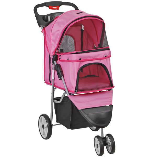 3 Wheels Pet Stroller Foldable Dog Stroller Cart Cat Carrier w/Cup Holder Pink