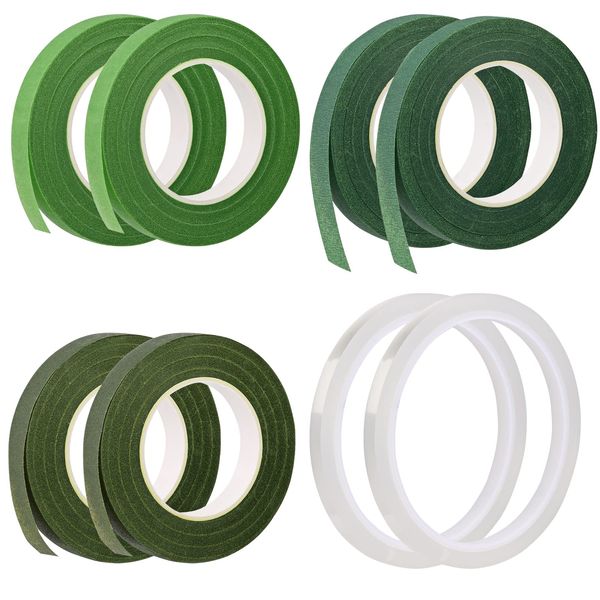 Qzma 6 Roll Floral Tapes (1/2" Wide 30 Yard/Roll), 2 Roll Clear Tape(1/2" Wide 36 Yard/Roll), for Flower Shop Bouquet Wrapping Craft, Flower Arrangements Supplies