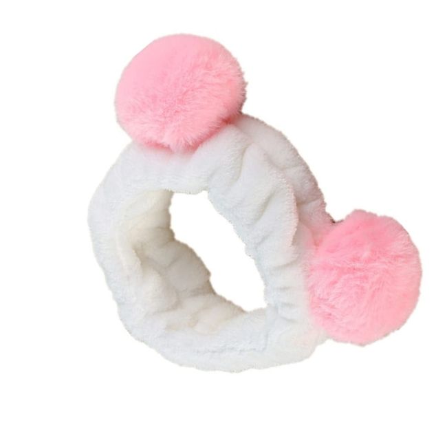 Plush Headband Fluffy Makeup Headband Pink Pompom Coral Fleece Headband for Women Girls Washing Face Shower Sports Beauty Skincare