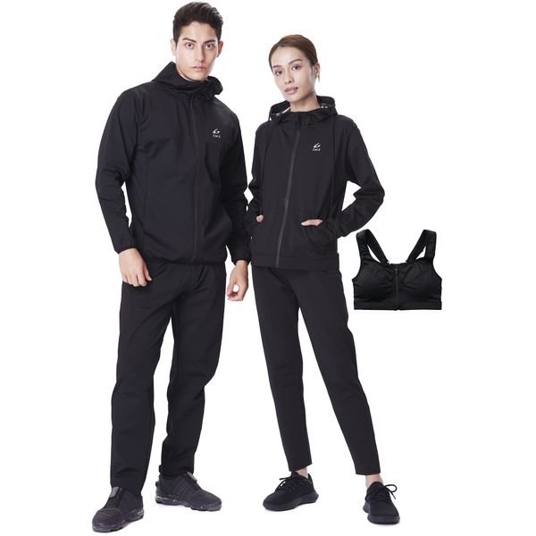 CharmMakeBody CM-S Sauna Suit, Men's, Women's, Diet, Top and Bottom Set, w/ Sports Bra + Video, Washable, Heat-Maximizing, black(men)