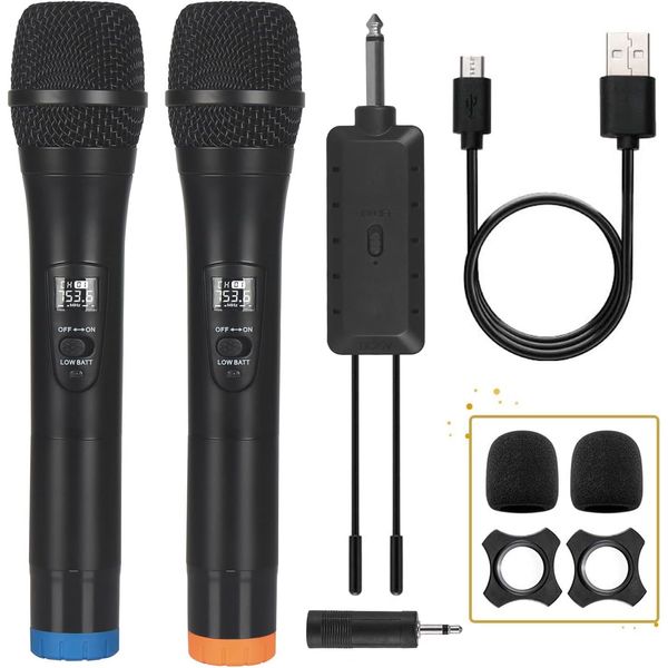 ALPOWL Wireless Microphone, UHF Dual Cordless Dynamic Mic System,Handheld Karaoke Microphone with Rechargeable Receiver(Auto Connect,200 ft Range) for Singing, Church, Speech, Wedding, Party