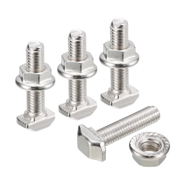 sourcing map M5x20mm T Slot Drop-in Bolt and M5 Hexagon Flange Nut Set, 10 Sets Hammer Head T-Bolt T Shape Stud Sliding Screw for 20 Series Aluminum Profile